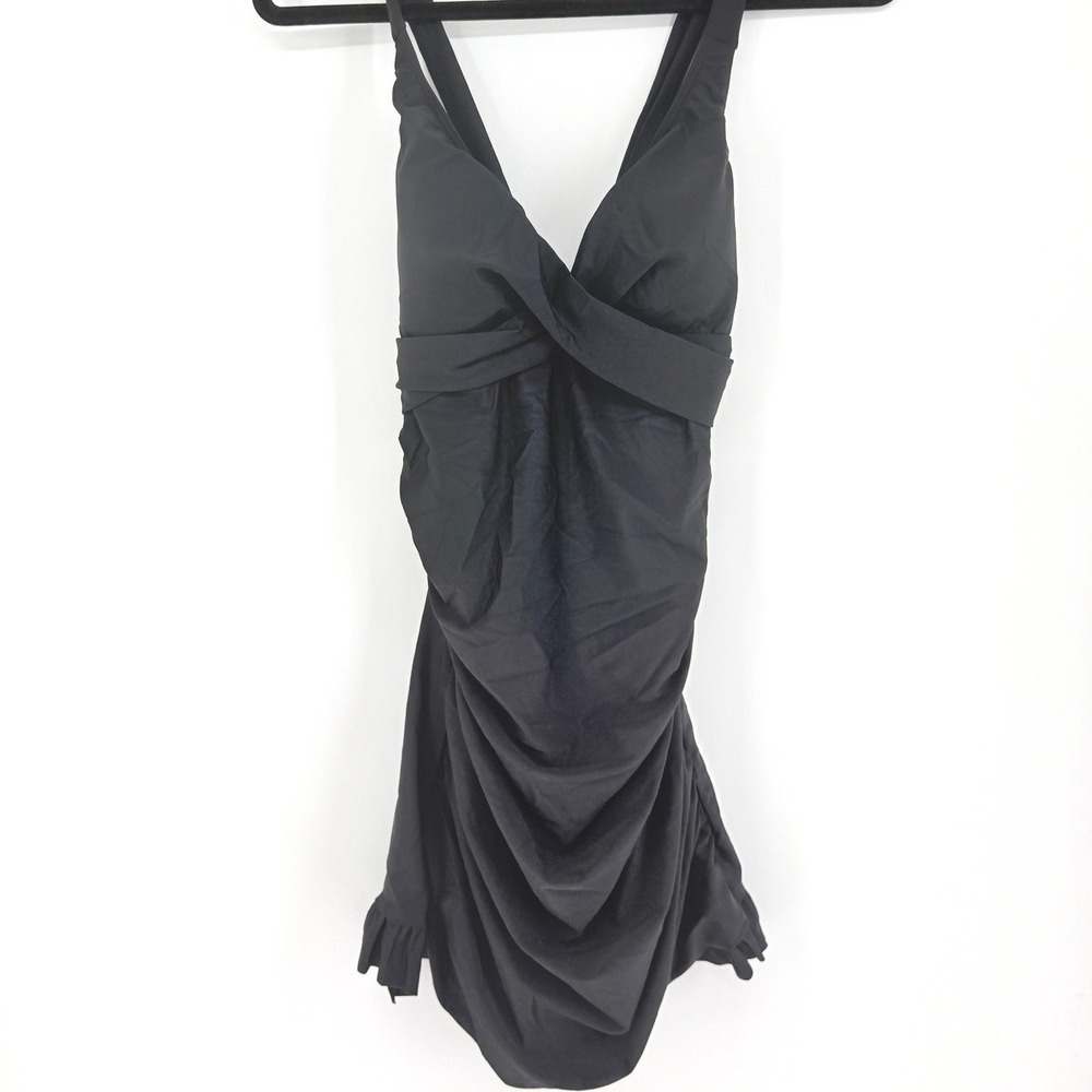 Womens New Black Ruched Slimming Tummy Swim Dress One Piece Ruffles L Reso R-$80